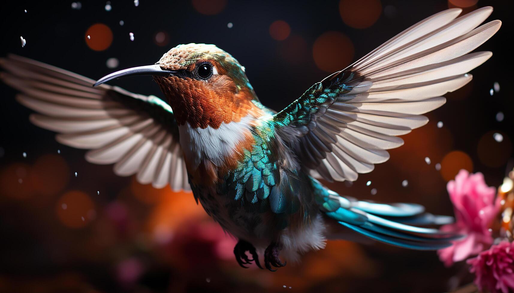 ai généré colibri en volant, vibrant couleurs, la nature beauté, liberté dans mouvement généré par ai photo