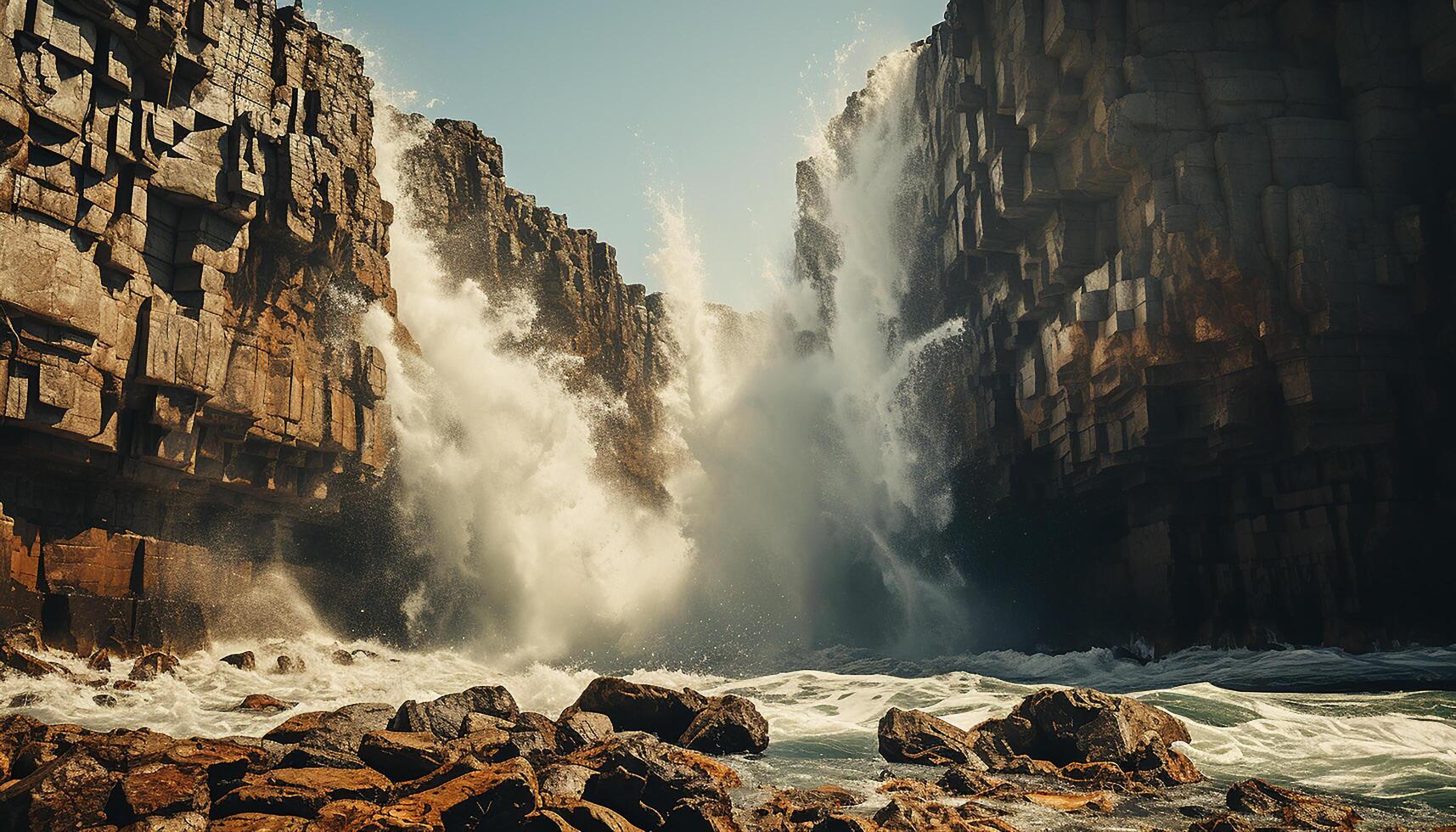 ai généré majestueux montagne, écoulement eau, le coucher du soleil la nature beauté dans mouvement généré par ai photo