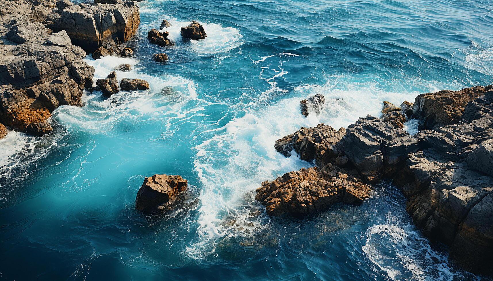 ai généré littoral osciller, l'eau vaporisateur, s'écraser vague, tranquille coucher de soleil, Naturel beauté généré par ai photo