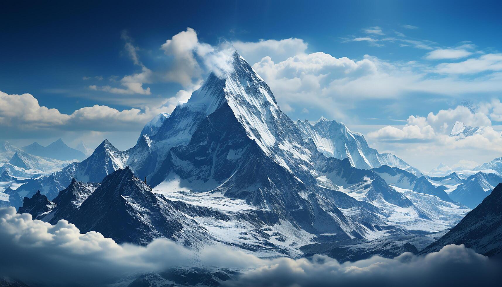 ai généré majestueux Montagne culminer, neige couvert paysage, bleu ciel, tranquille scène généré par ai photo
