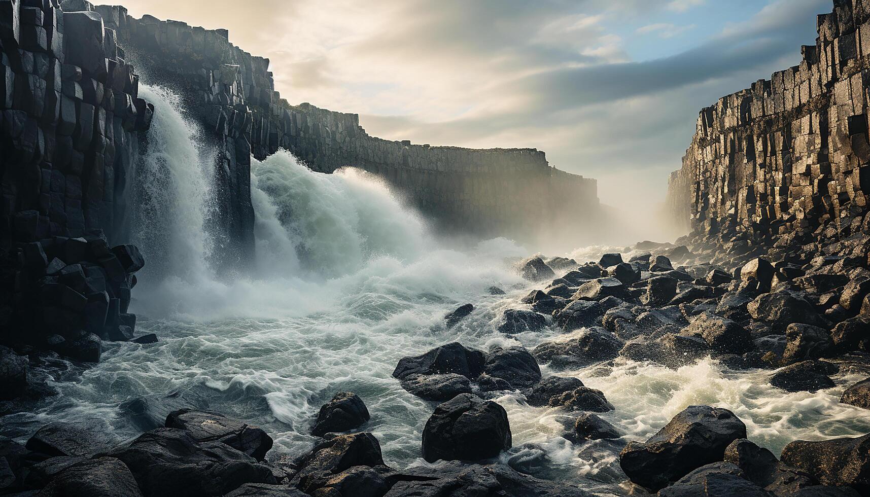 ai généré majestueux Roche falaise, vaporisateur de vague, le coucher du soleil plus de littoral généré par ai photo