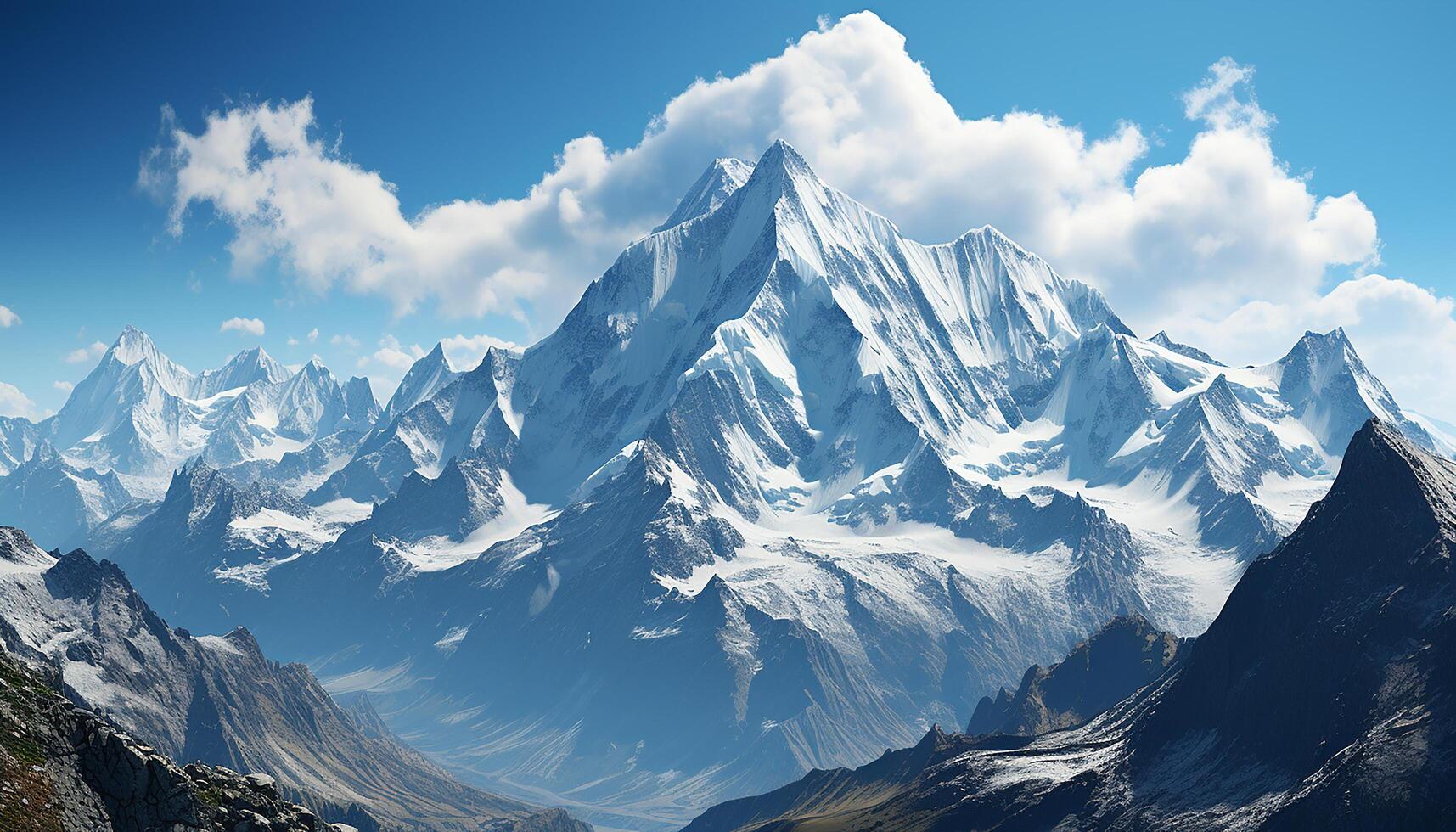 ai généré majestueux Montagne culminer, neige couvert, bleu ciel, tranquille paysage généré par ai photo