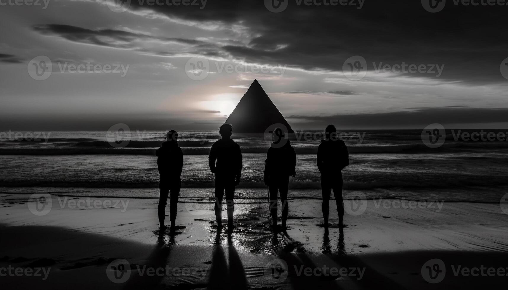 ai généré silhouette de famille en marchant sur sable, profiter tranquille le coucher du soleil généré par ai photo