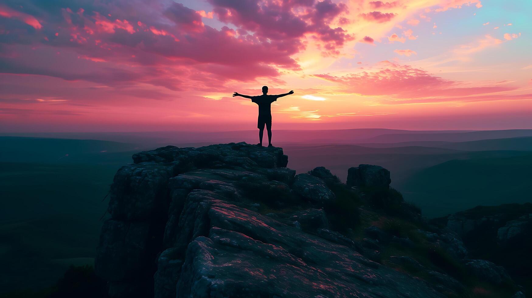 ai généré embrassement changement silhouette sur rocheux falaise se prélasser dans le soleil se lève résilient lueur photo