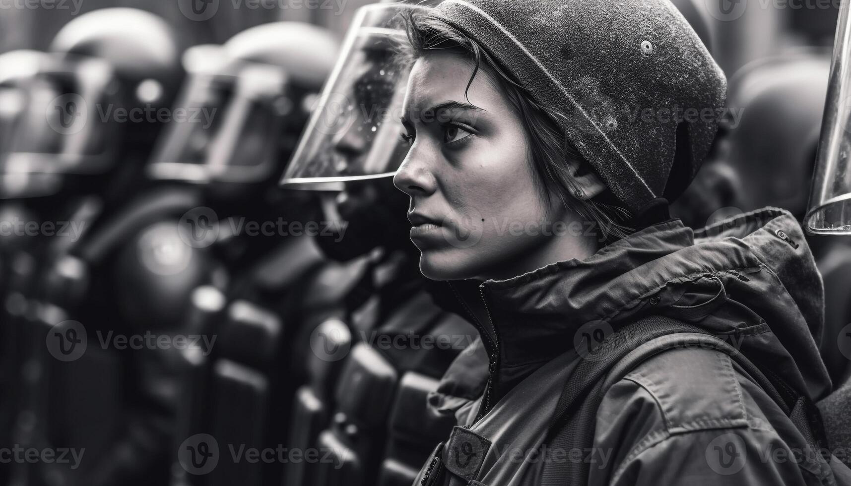 ai généré une Jeune femme dans une militaire uniforme à la recherche à le caméra généré par ai photo