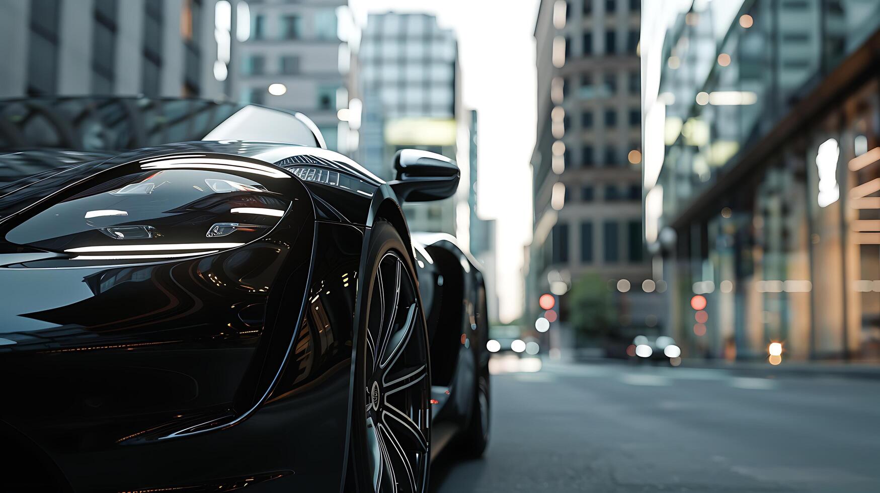 ai généré de face vue de lisse noir des sports voiture garé dans Urbain réglage avec ville horizon photo