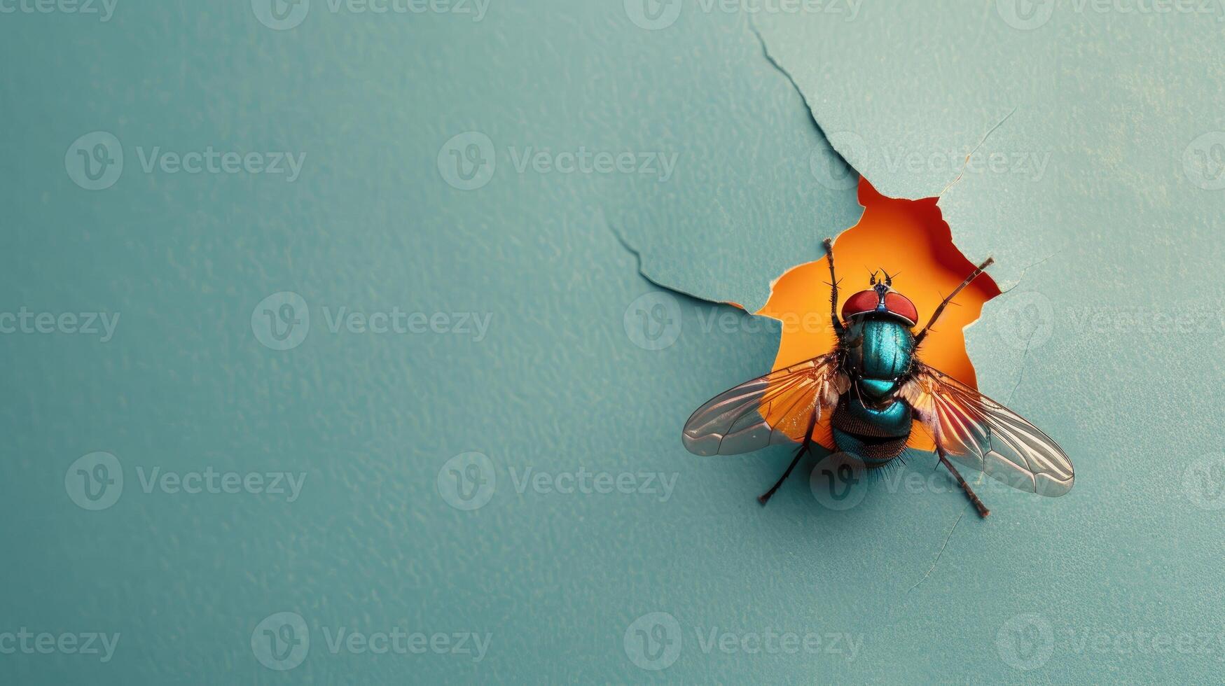 ai généré une humoristique mouche pairs par une déchiré trou dans une contraste pastel Couleur papier arrière-plan, ai généré photo