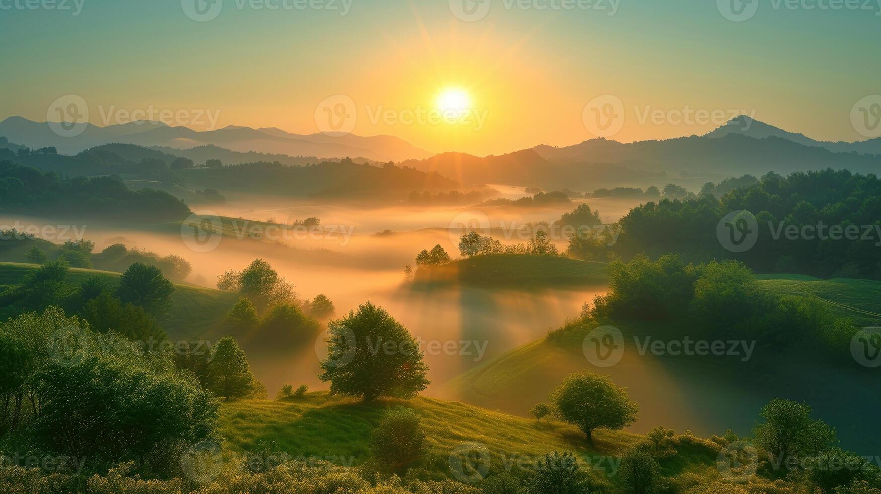 ai généré enthousiaste lever du soleil baignades vert vallée dans d'or lumière, ai généré. photo