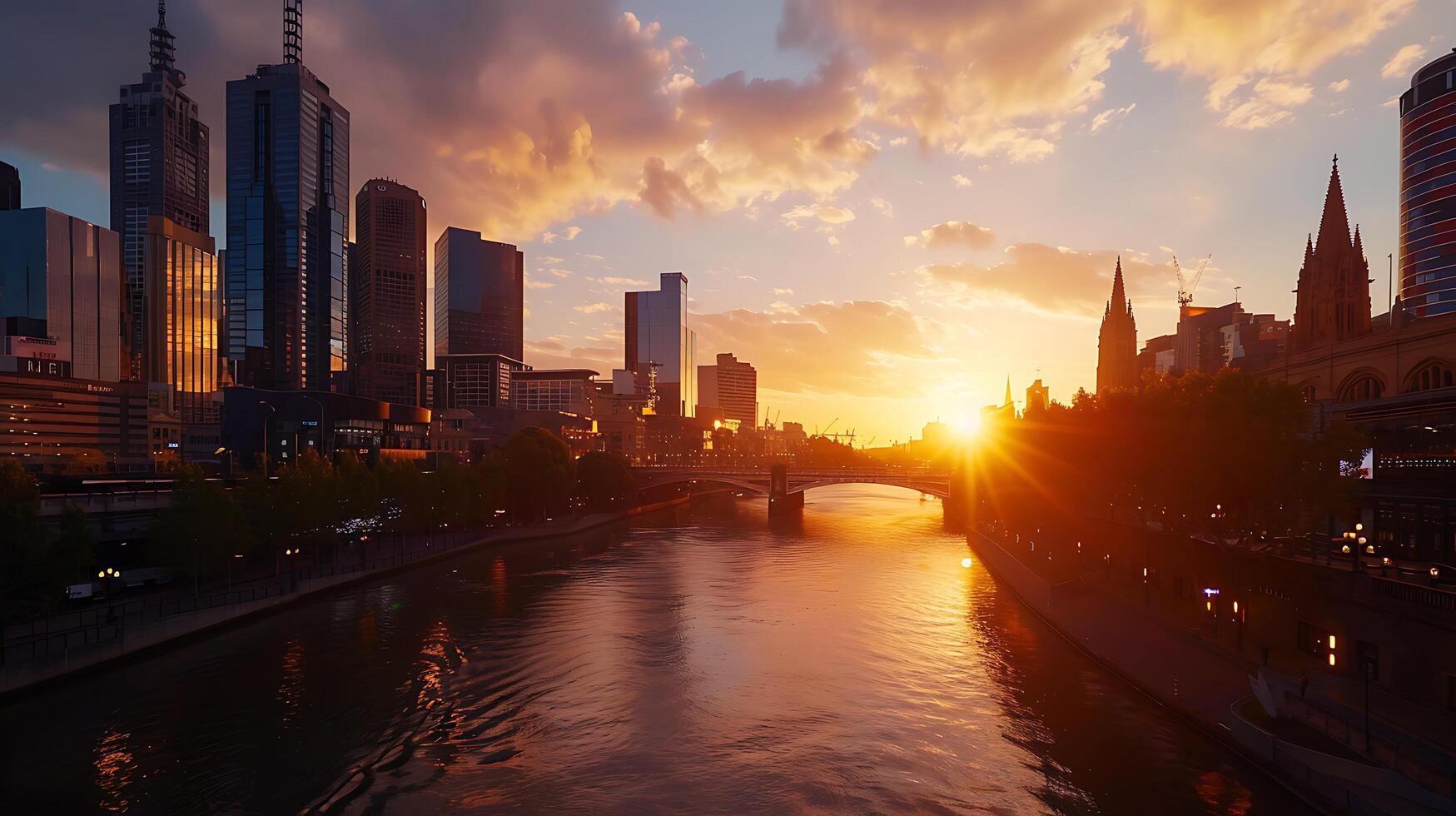 ai généré animé paysage urbain à le coucher du soleil iconique Repères et vibrant rue la vie capturé dans large 24mm coup photo