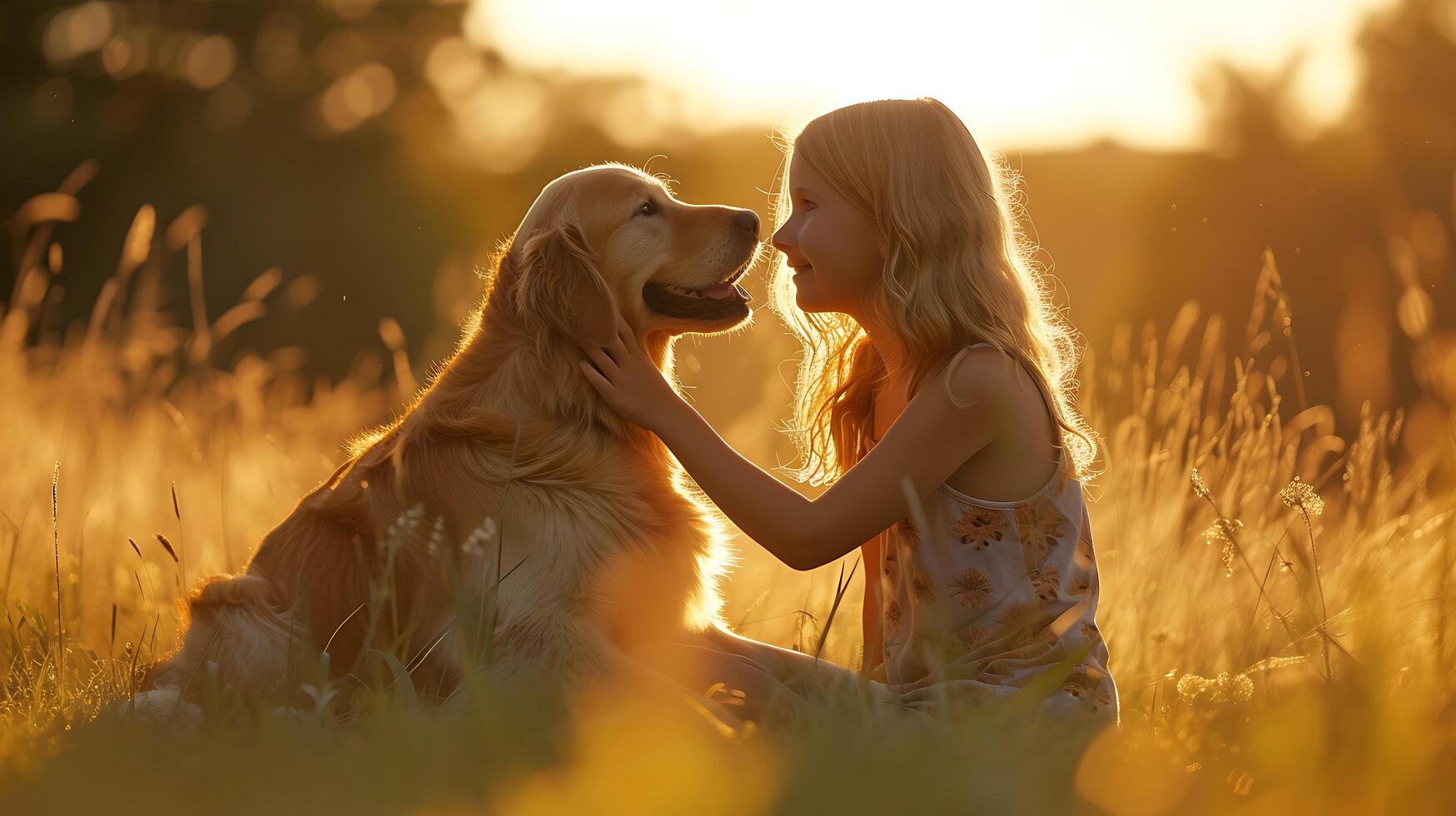 ai généré d'or retriever et fille embrasse dans ensoleillé Prairie rayonnant pur l'amour et harmonieux camaraderie photo