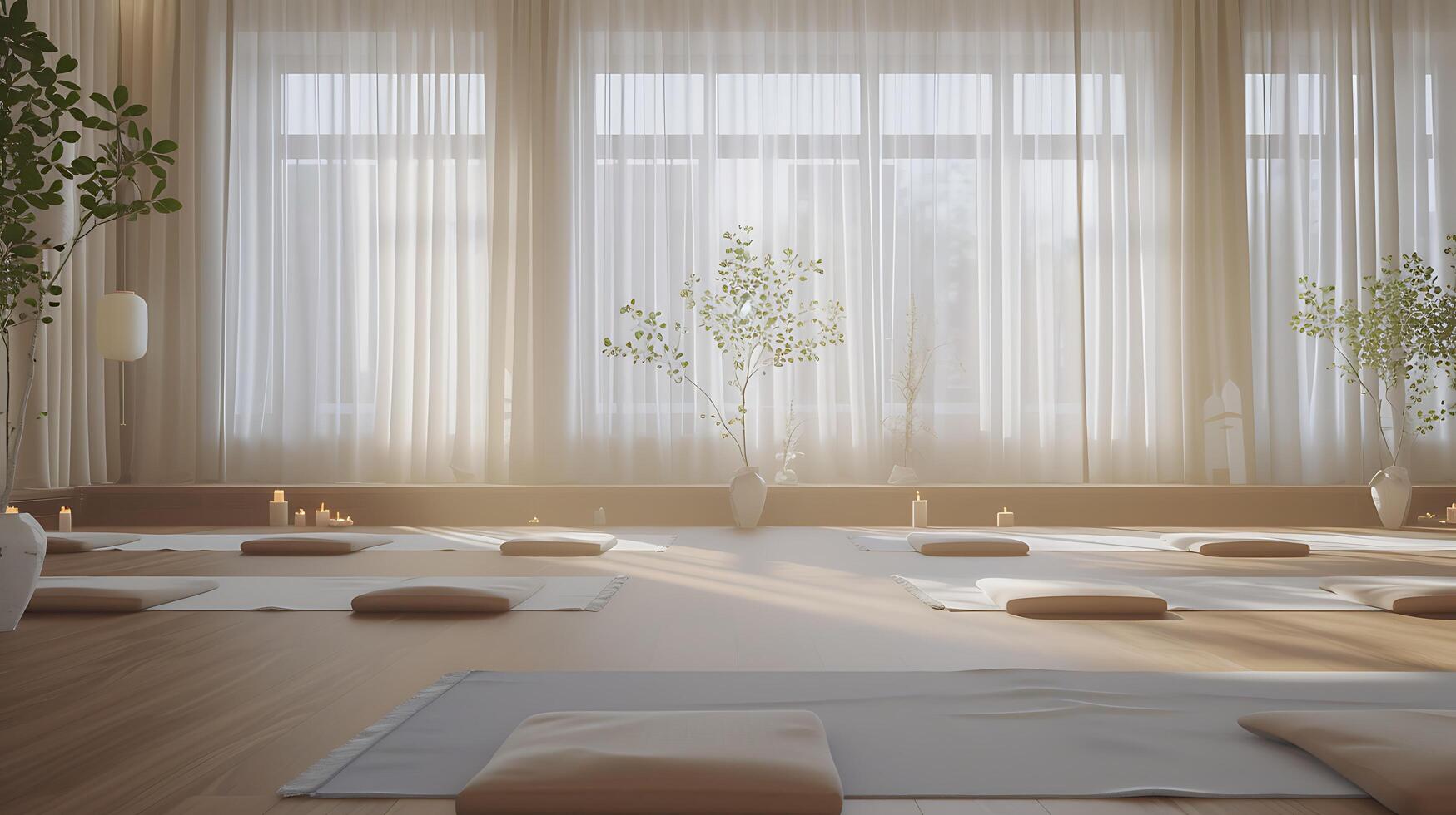 ai généré tranquille yoga studio serein battre en retraite de Naturel lumière calmant la musique et conscient praticiens photo