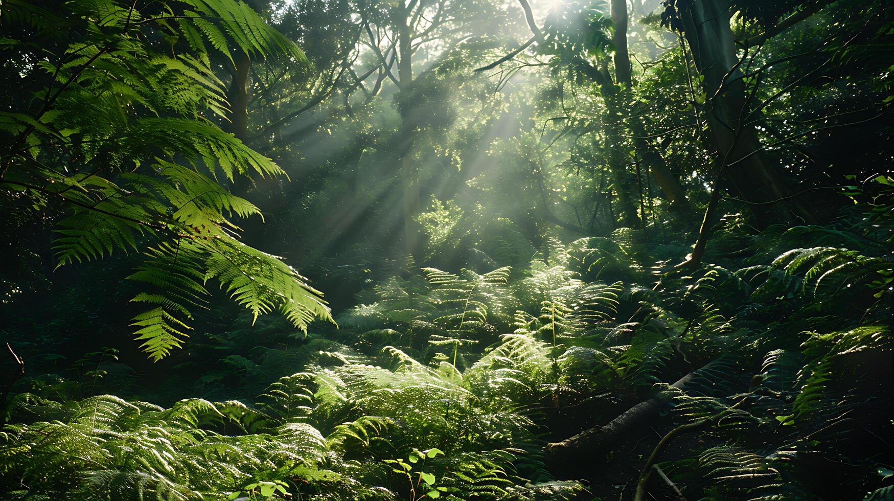 ai généré majestueux forêt grand angle lentille révèle imposant des arbres et pommelé lumière du soleil photo
