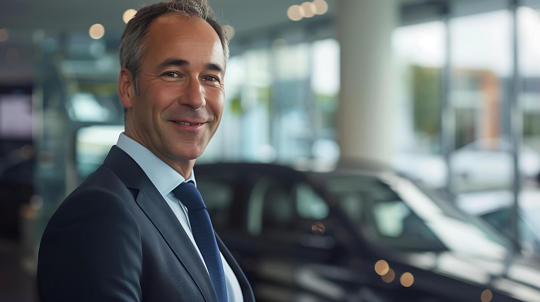 ai généré souriant homme d'affaire des stands dans de face de luxe voiture salle d'exposition moderne Véhicules sur afficher doux Naturel lumière diffusion photo