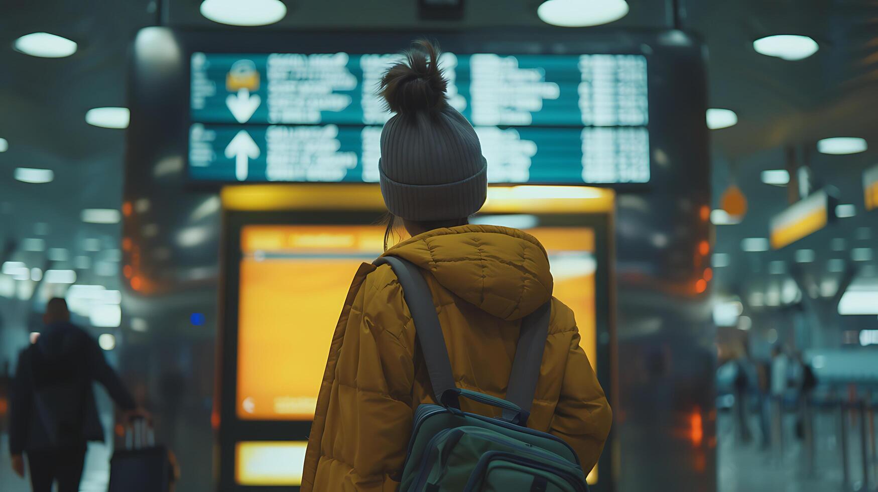 ai généré aéroport bousculer femme avec continuer yeux Départ planche dans occupé Terminal photo