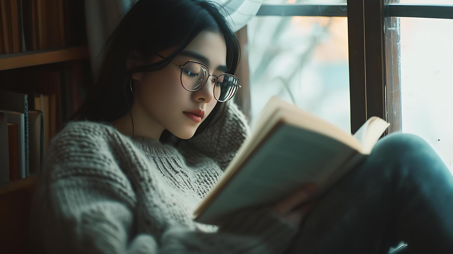 ai généré Jeune femme sourit dans confortable Accueil Bureau avec portable et écouteurs baigné dans doux Naturel lumière photo