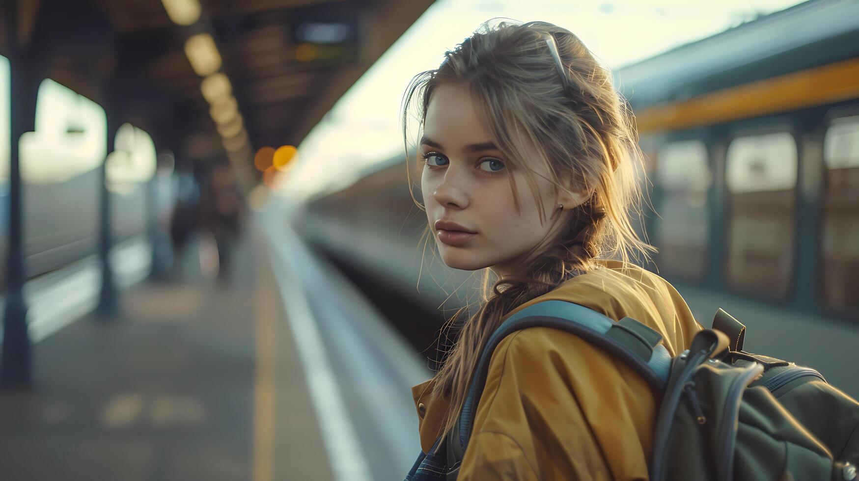 ai généré Jeune femme touristique des plans aventure dans européen ville entouré par sac à dos et caméra sur pierre sentier photo