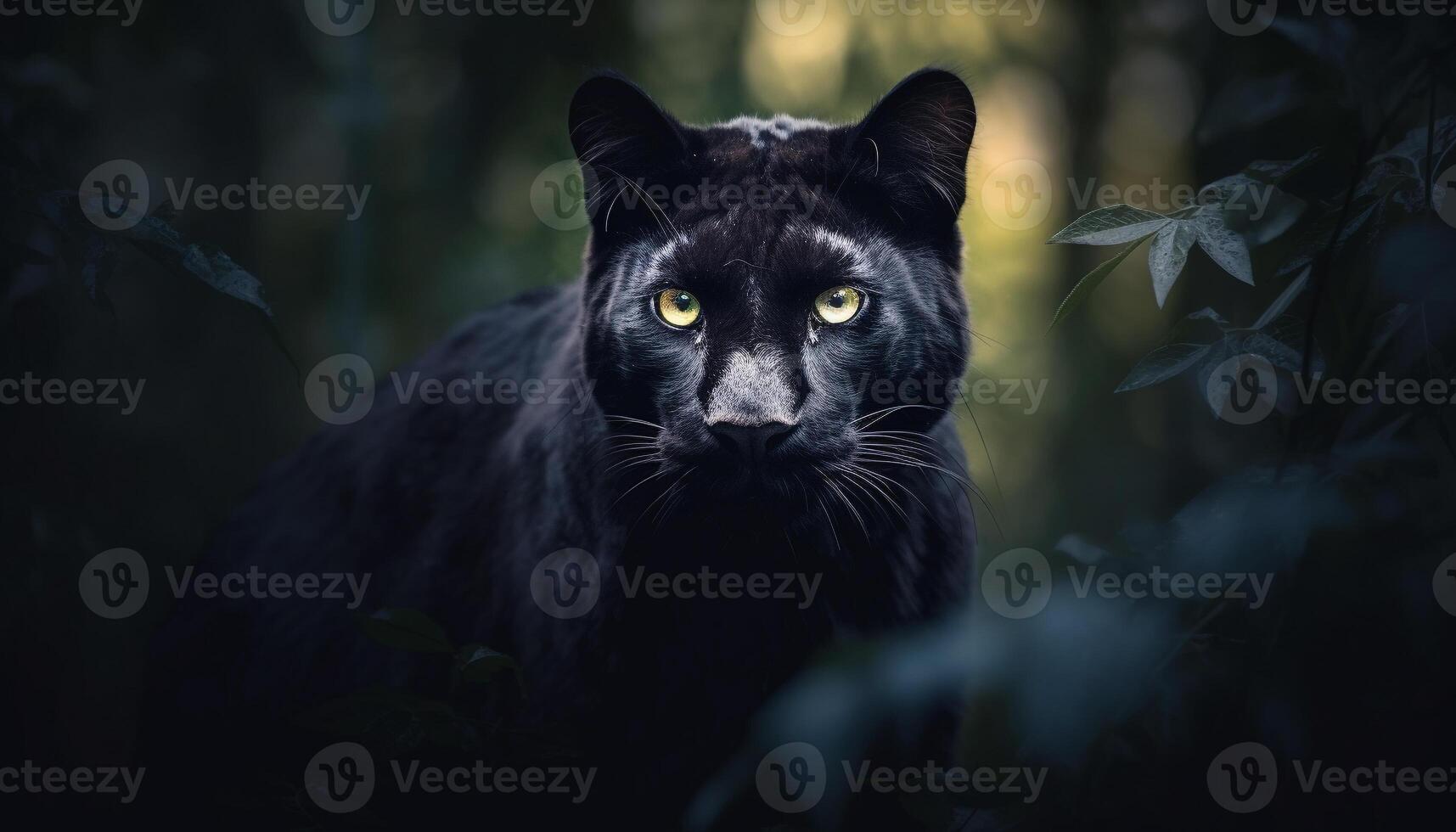 ai généré mignonne félin en regardant, en plein air, dans le foncé forêt généré par ai photo