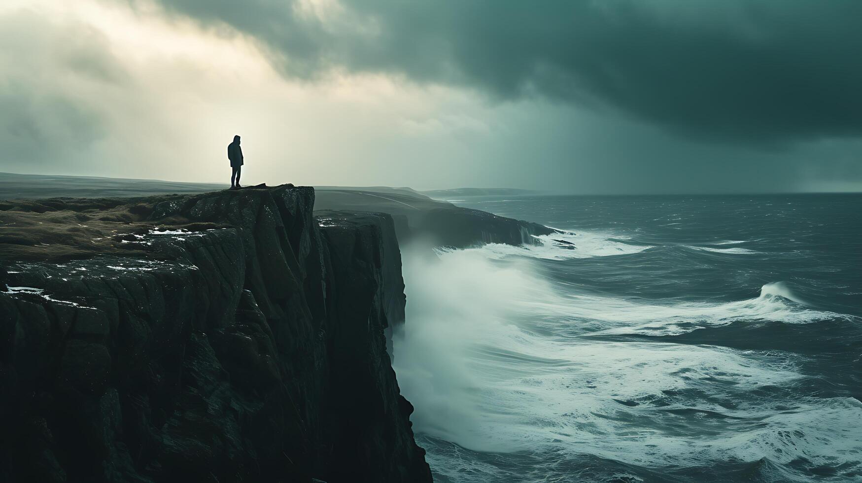 ai généré résolu figure embrasse turbulent falaise bord défiant orageux ciel avec résistance photo