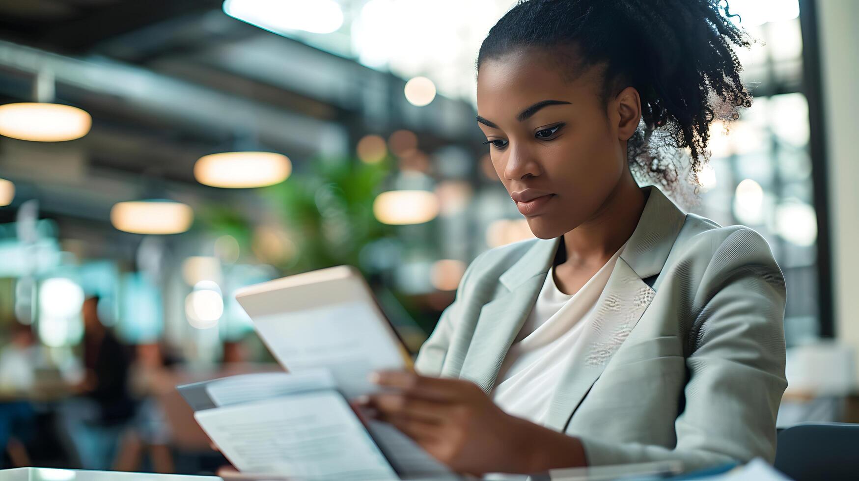 ai généré sur de soi femme d'affaires présente financier rapport à collègues dans moderne Bureau capturé avec serré 50 mm Cadre photo