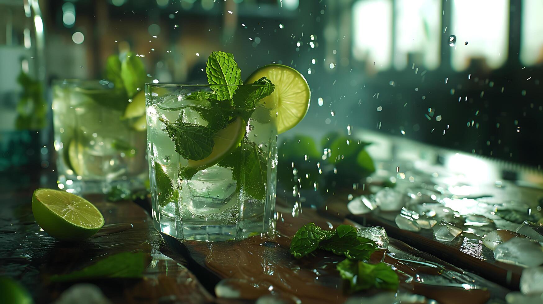 ai généré rafraîchissant Mojito cocktail servi avec citron vert et menthe ensemble contre tropical plage toile de fond photo