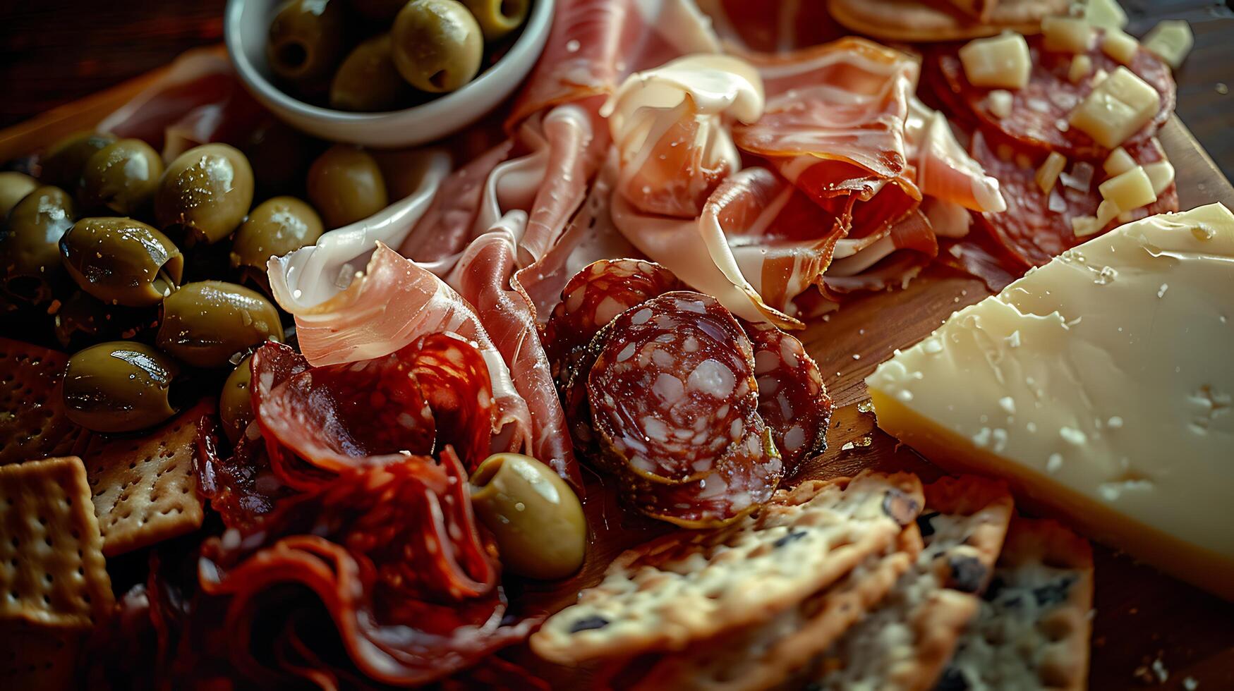 ai généré exquis charcuterie planche assorti les fromages viandes des fruits et des noisettes contre rustique toile de fond baigné dans doux Naturel lumière photo