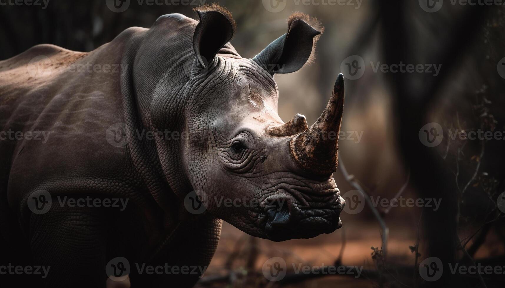 ai généré grand rhinocéros pâturage dans le africain région sauvage, à la recherche à caméra généré par ai photo