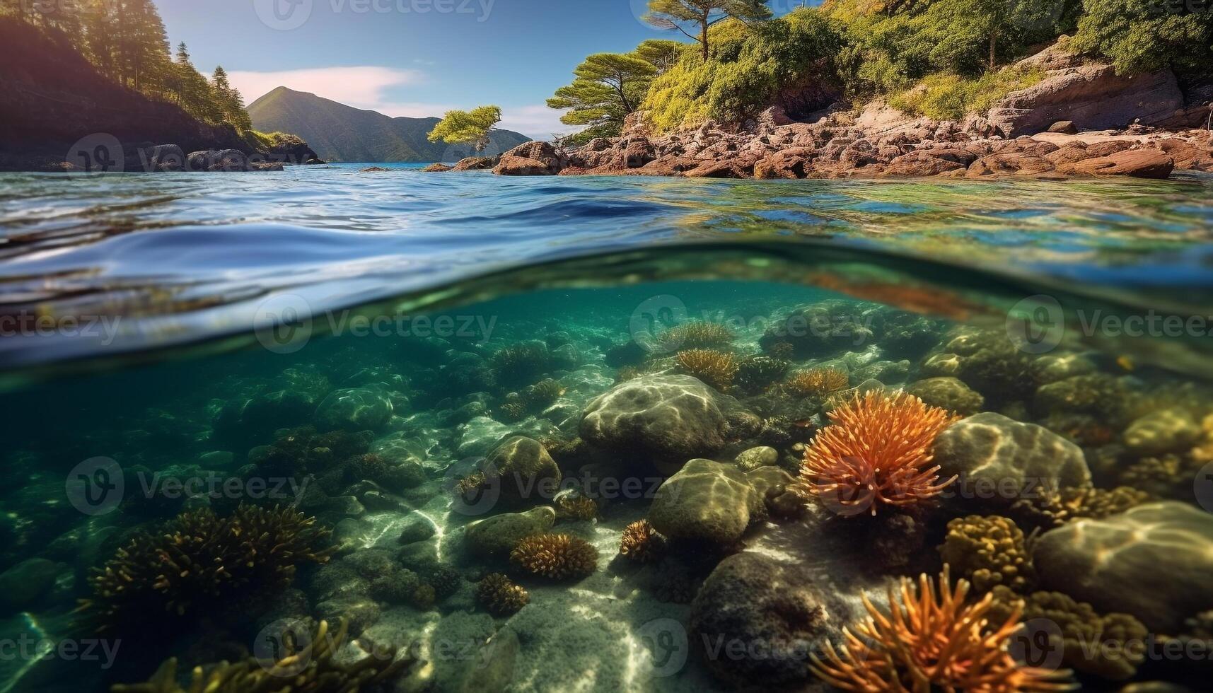 ai généré sous-marin aventure, nager avec coloré poisson et corail généré par ai photo