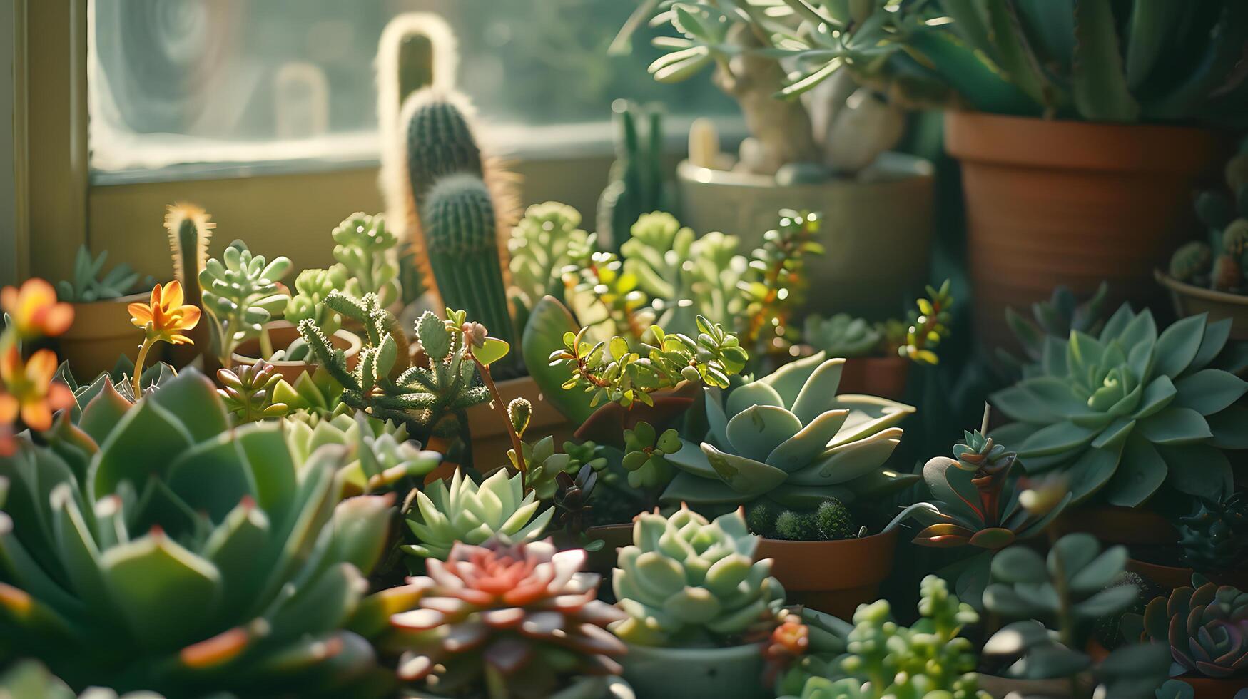 ai généré ensoleillé plantes succulentes et cactus fermer tableau sur vibrant rebord de fenêtre photo