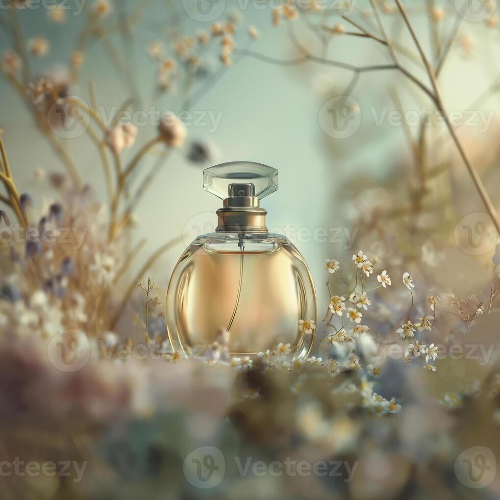 ai généré rêveur parfum bouteille avec doux se concentrer. doux briller. floral touche. ai généré. photo