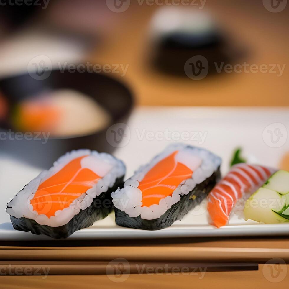 ai généré une assiette de Sushi et des légumes avec une bol de Sushi sur il photo