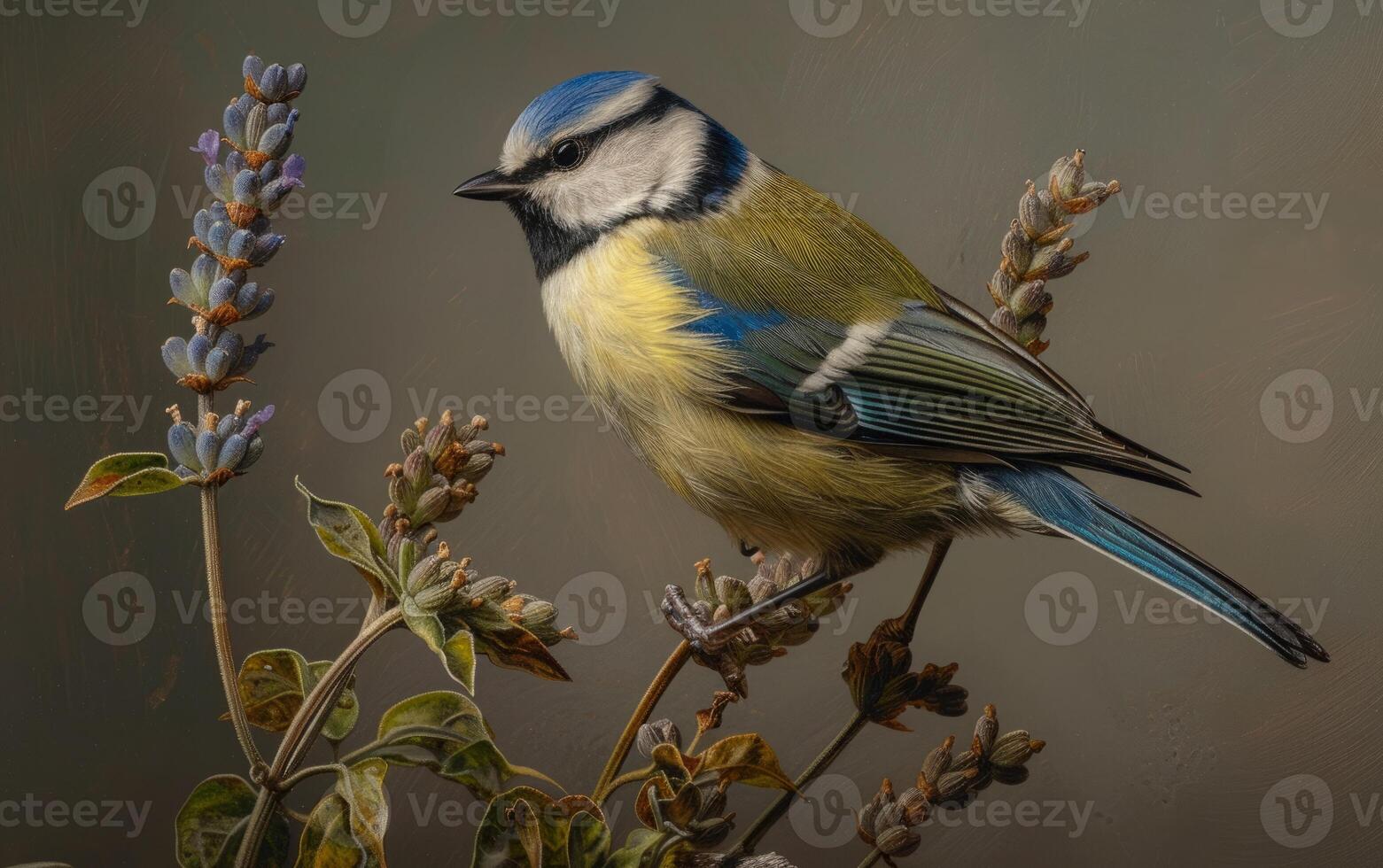 ai généré bleu mésange oiseau repos sur lavande branche photo