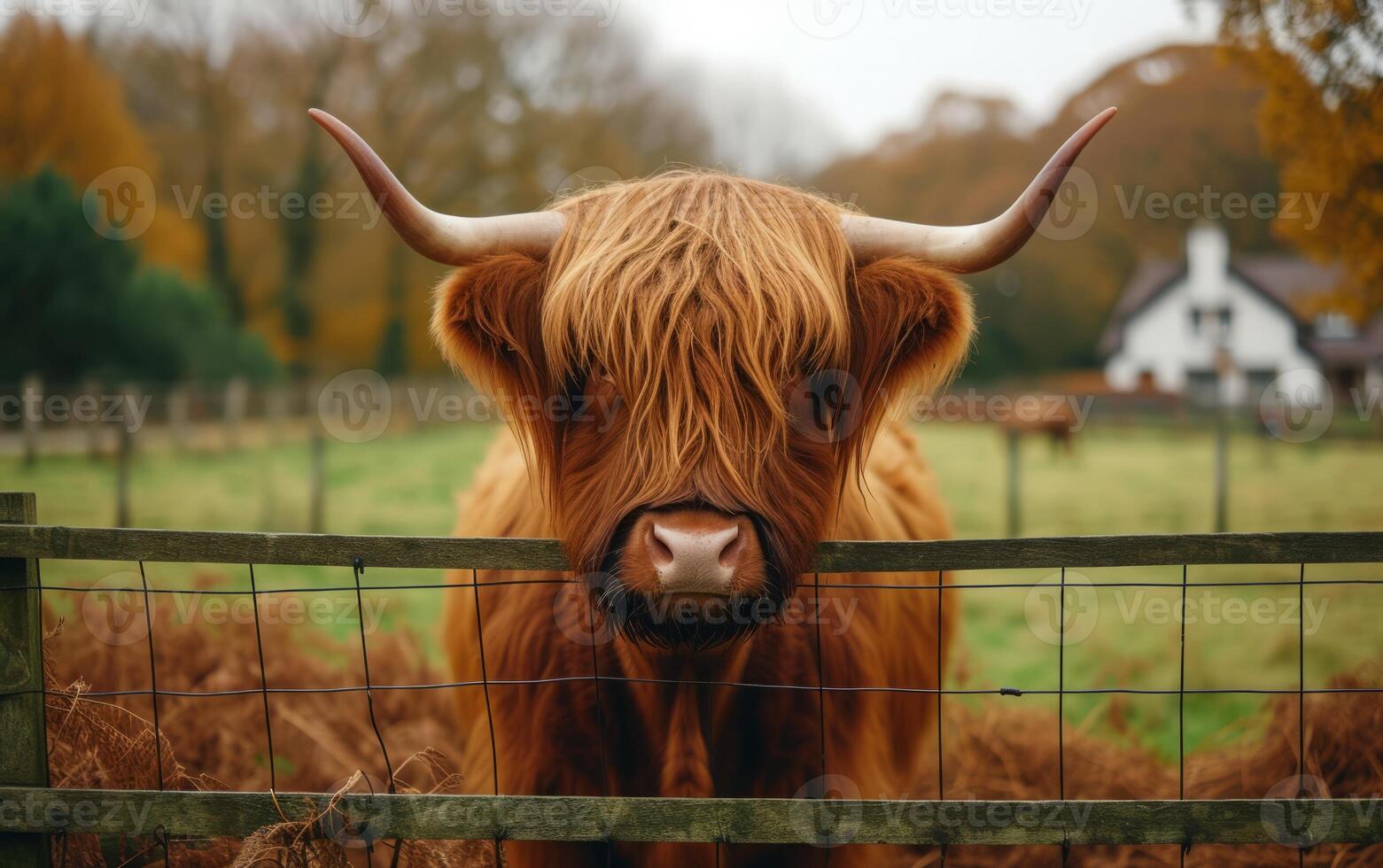 ai généré un imposant montagnes bovine avec lisse cheveux observe curieusement photo