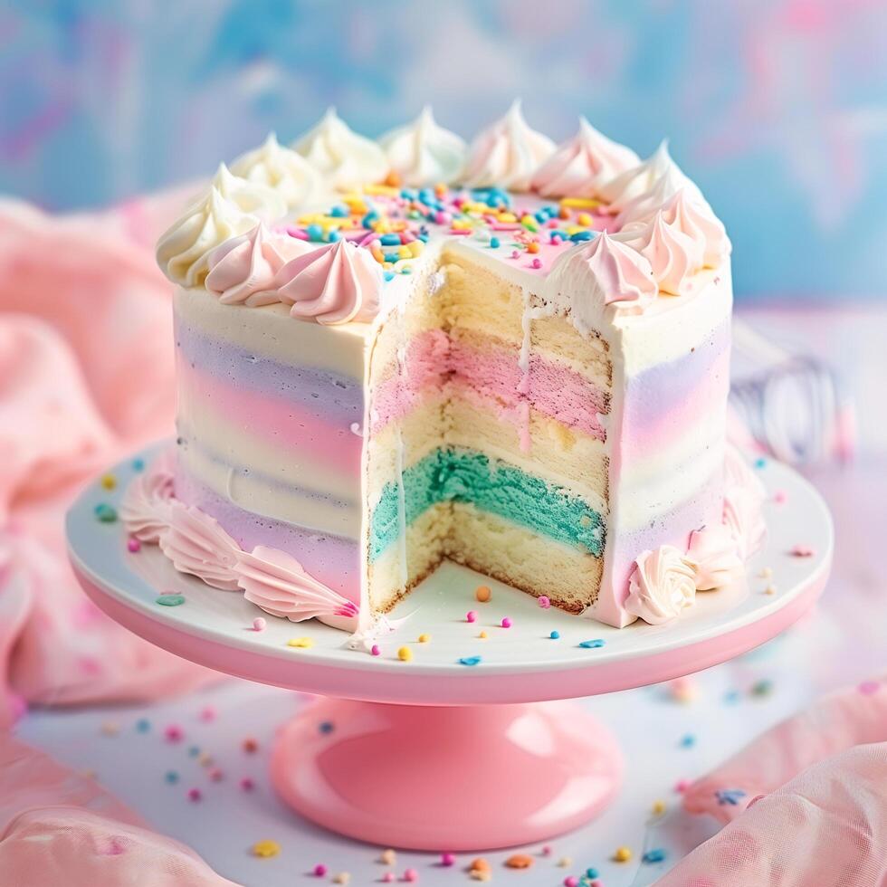 ai généré fantaisie arc en ciel crème gâteau sur pastel Contexte photo