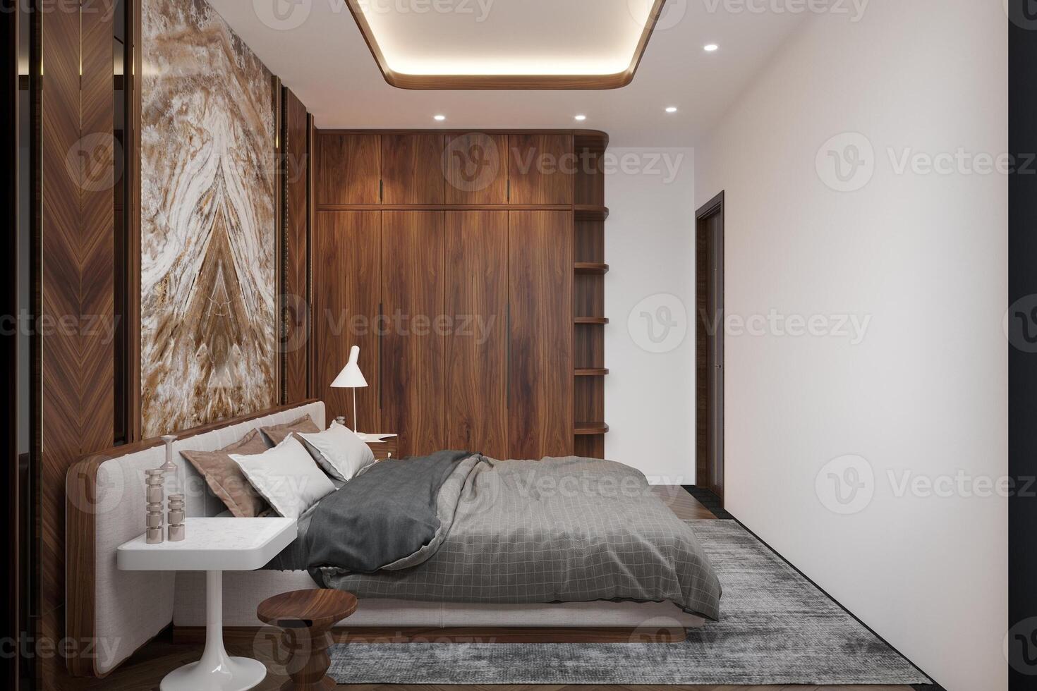 luxe Maître chambre avec marbre et cuivre mur à Hôtel , 3d le rendu photo