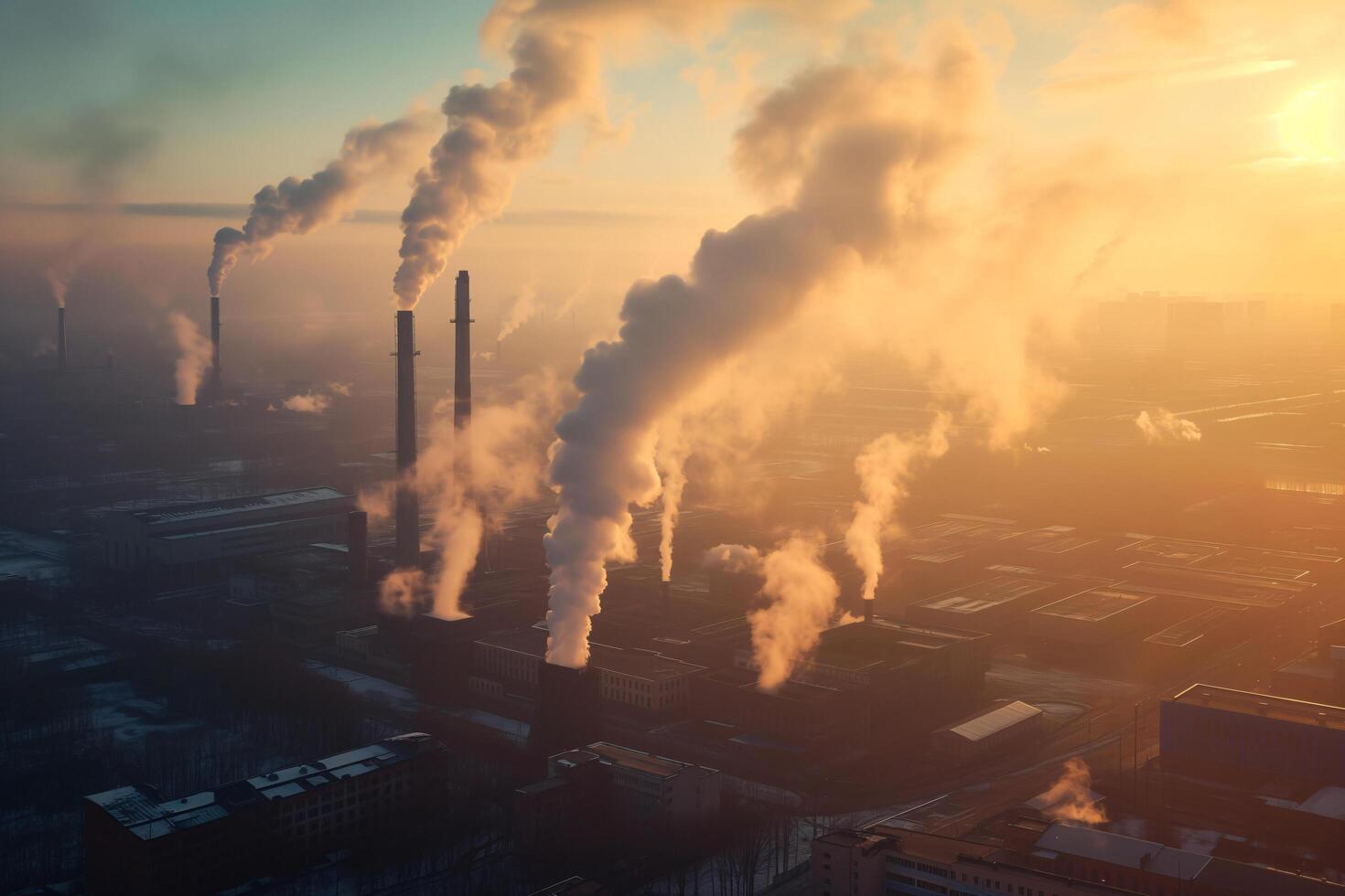 ai généré sale air la pollution fumée de usine cheminée le coucher du soleil temps usine émission photo