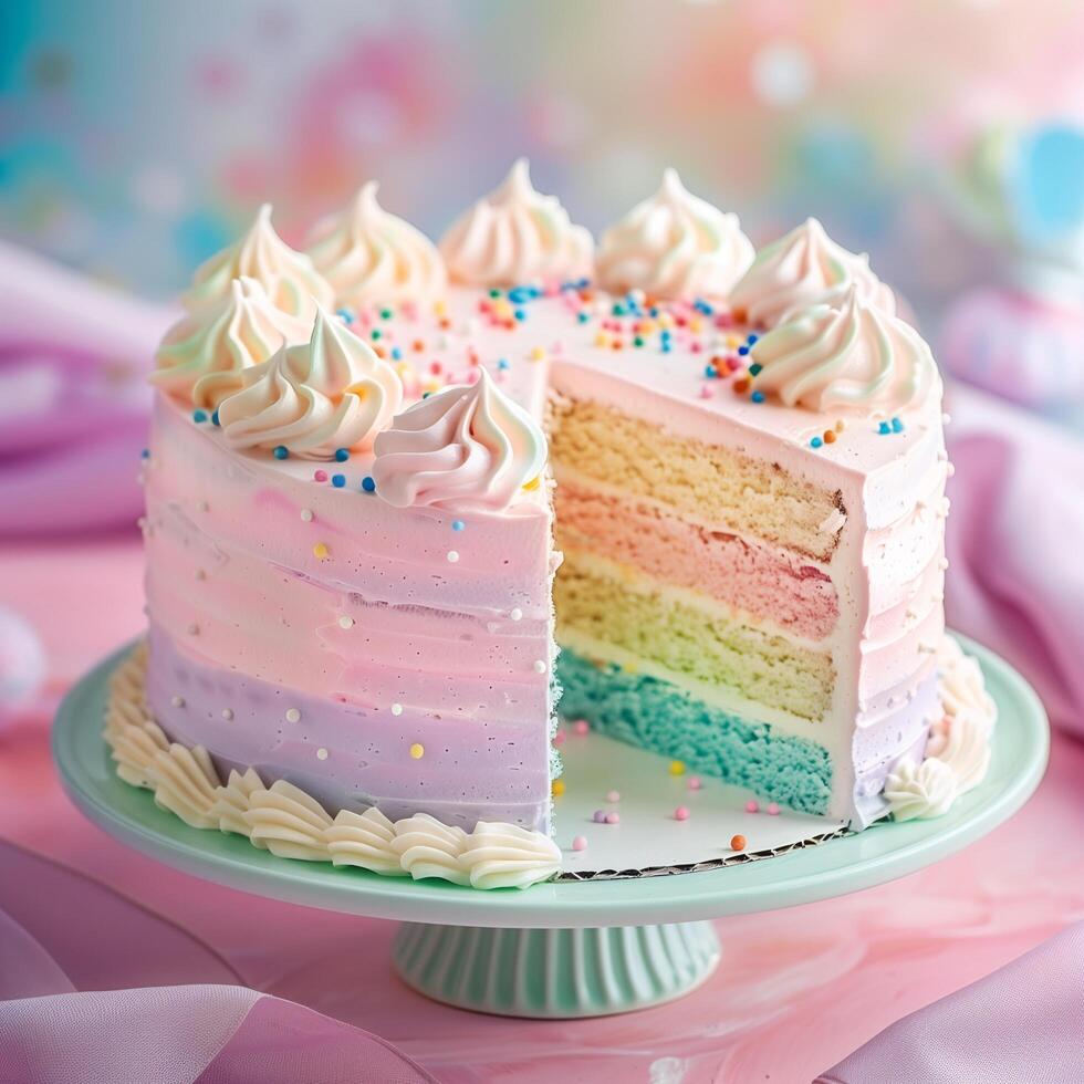 ai généré fantaisie arc en ciel crème gâteau sur pastel Contexte photo