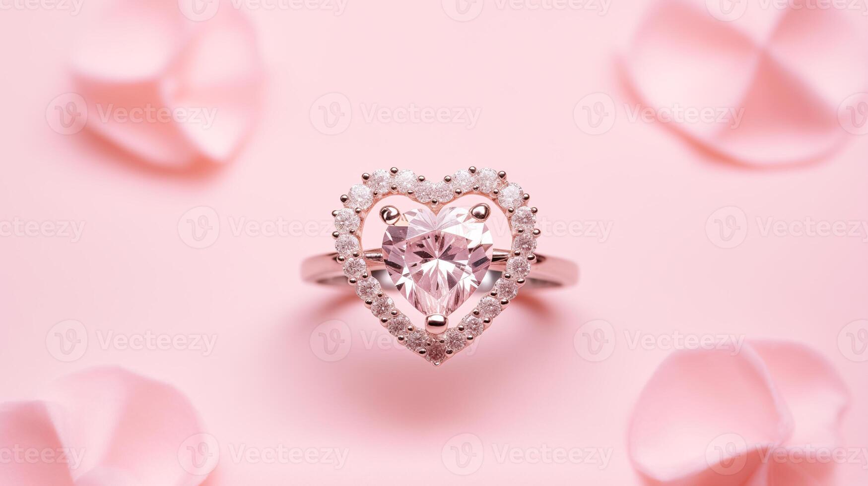 ai généré Haut vue proche en haut Rose or engagement cœur forme diamant bague sur rose Contexte photo