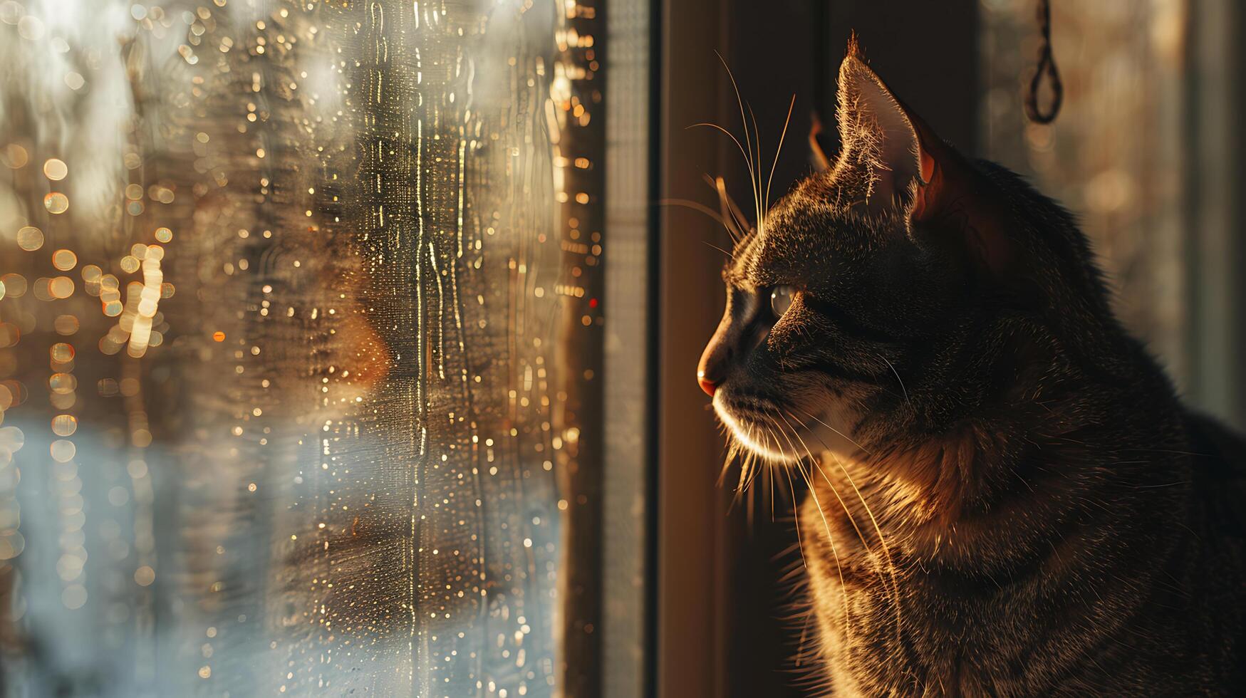 ai généré curieuse tigré chat jouit paysage urbain vue de ensoleillé rebord de fenêtre photo