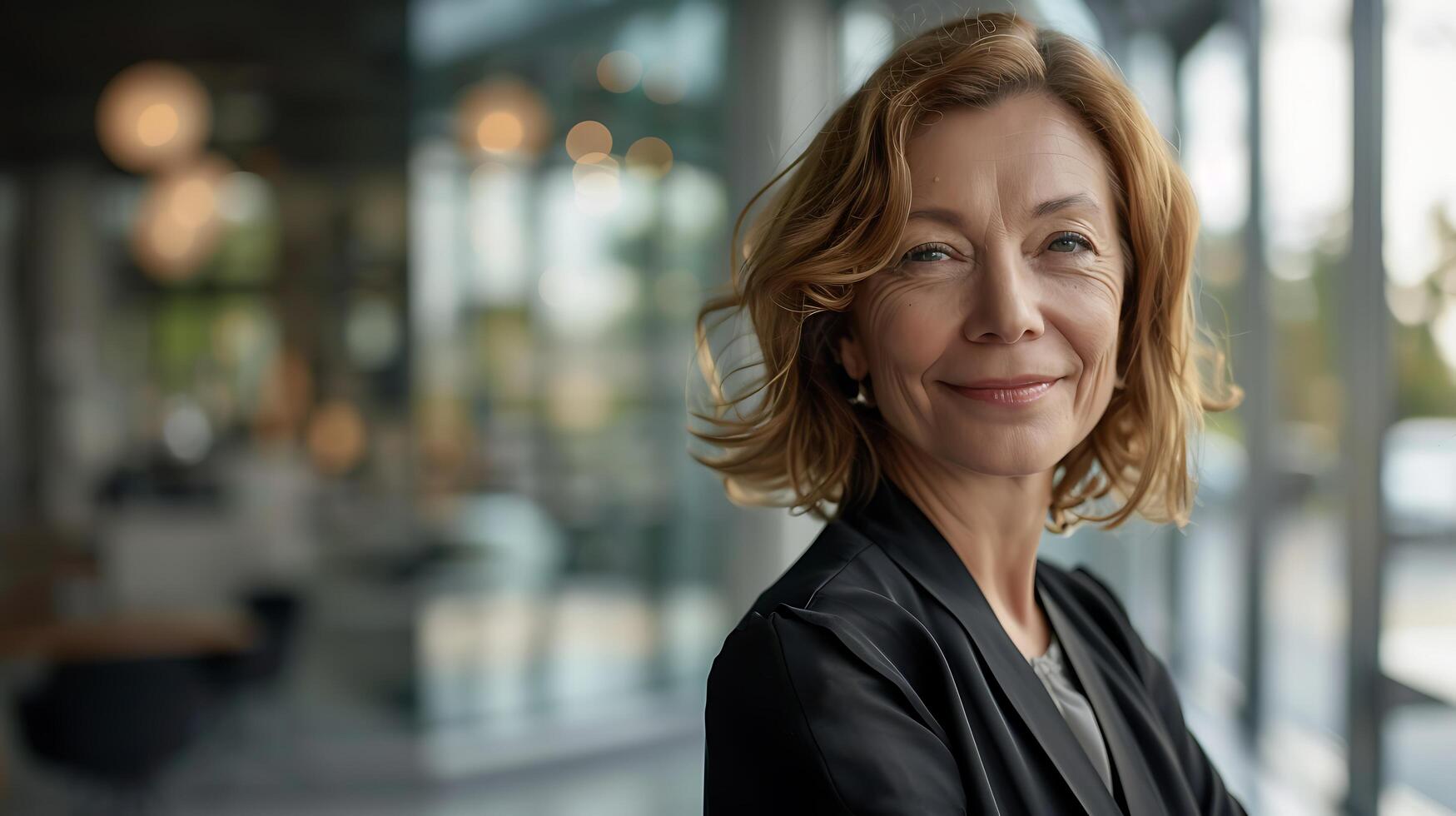 ai généré sur de soi femme d'affaires embrasse professionnalisme avec chaud sourire dans moderne Bureau baigné dans doux Naturel lumière photo