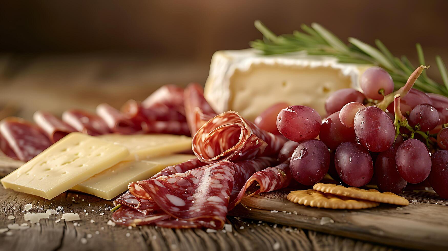 ai généré délicieusement arrangé charcuterie planche se prélasse dans doux lumière du soleil contre rustique en bois Contexte photo