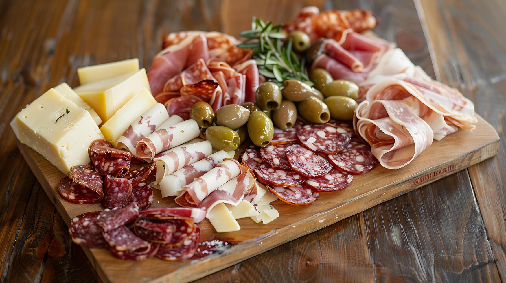 ai généré astucieusement arrangé charcuterie planche vitrines guéri viandes les fromages et des fruits dans 50 mm lentille Capturer photo