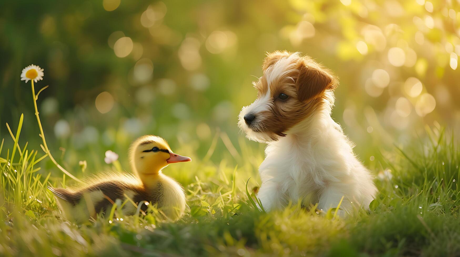 ai généré improbable animal relation amicale chien et canard jouer joyeusement dans d'or Prairie en dessous de doux Soleil lueur photo