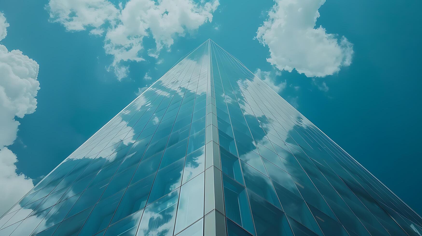 ai généré moderne gratte-ciel reflétant bleu ciel et des nuages grand angle coup capturer tout bâtiment de bas à Haut photo