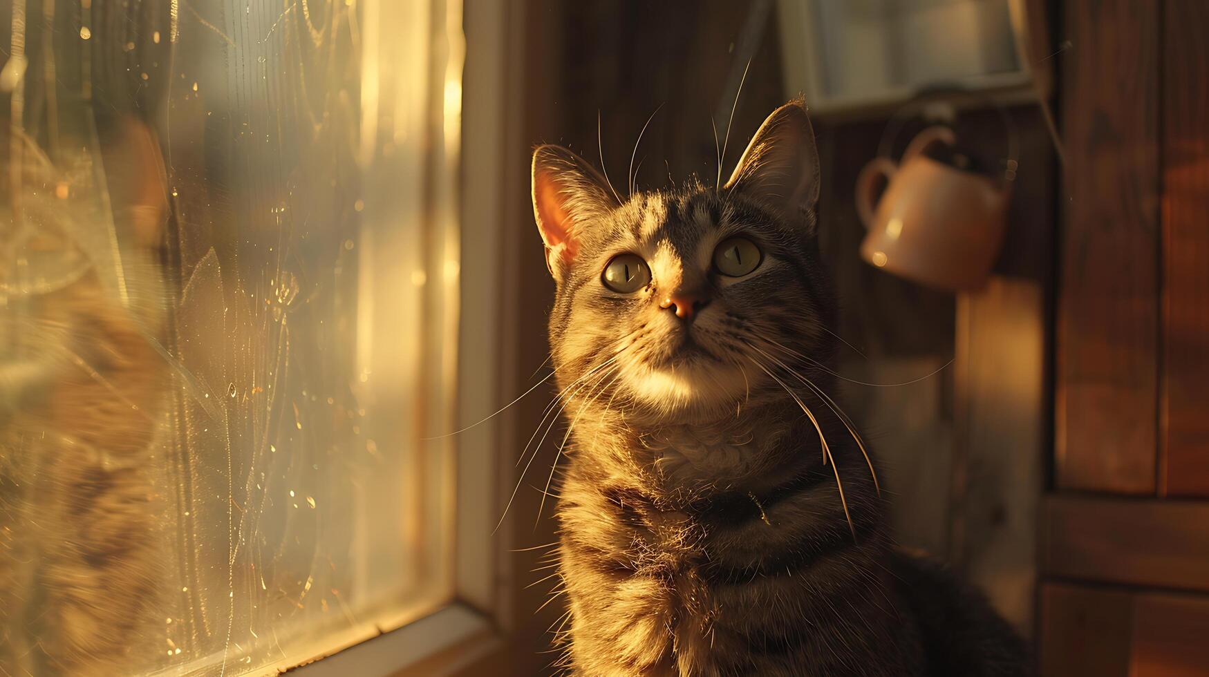 ai généré curieuse tigré chat jouit Urbain vue baigné dans doux Naturel lumière photo