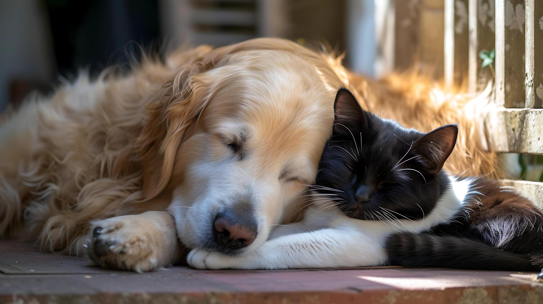 ai généré d'or retriever et chat embrasse dans pommelé au soleil camaraderie capturer réconfortant animal relation amicale photo