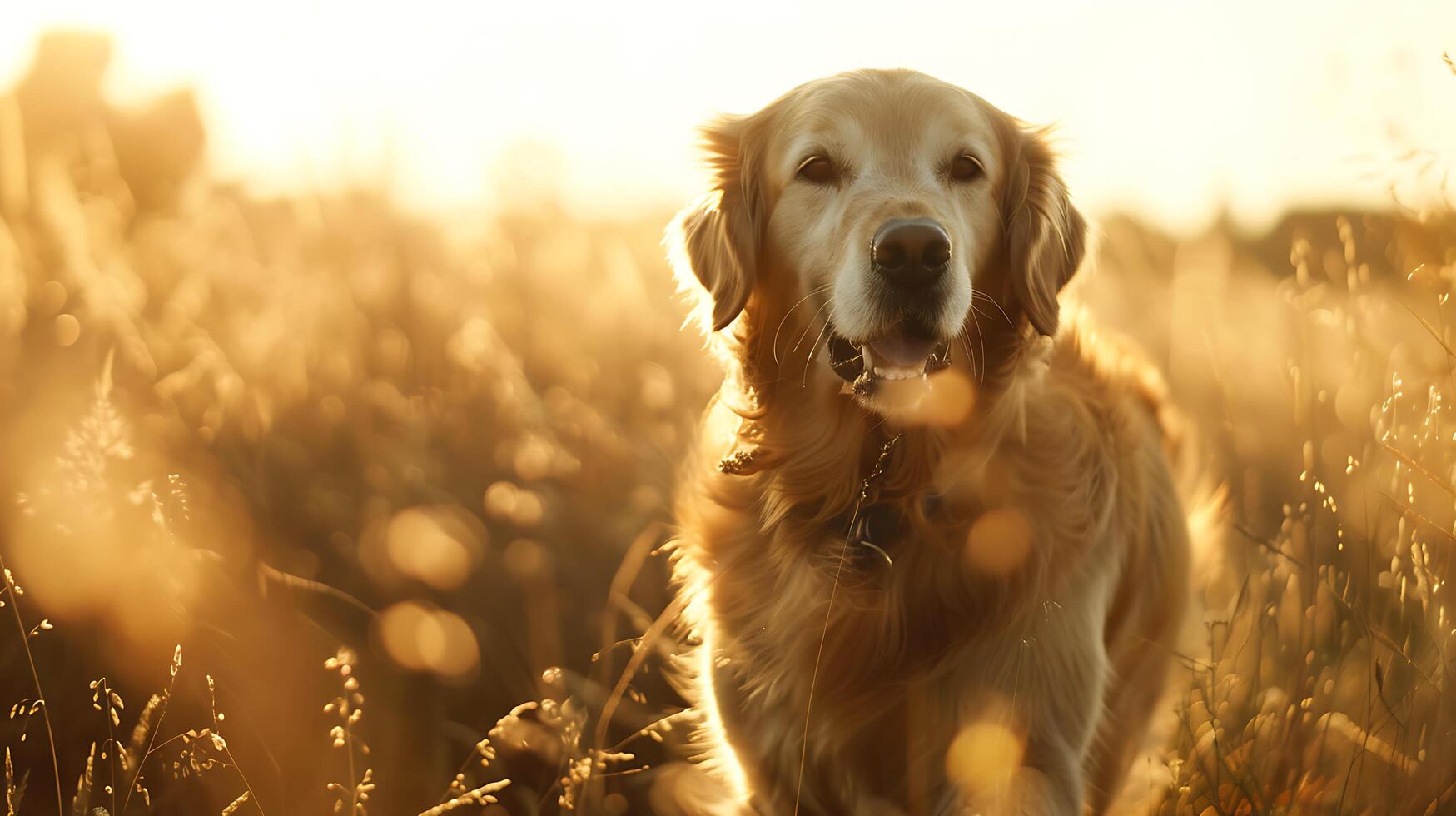 ai généré d'or retriever fonctionnement dans le coucher du soleil champ 50 mm lentille capture intense œil contact photo