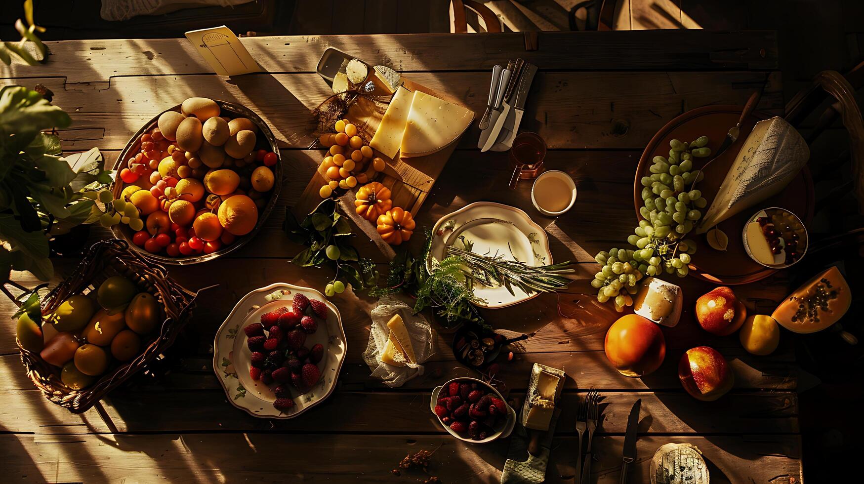 abondant récolte aérien vue de Frais des fruits et des légumes baigné dans doux Naturel lumière photo