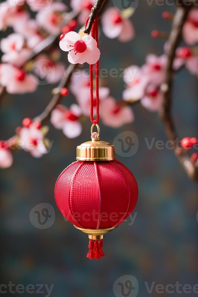 ai généré Noël ornement pendaison sur arbre bifurquer, embrasé avec de fête décoration généré par ai photo