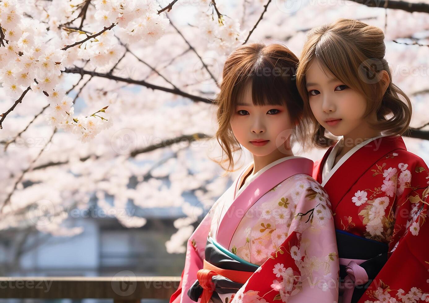 ai généré deux souriant Japonais les filles dans traditionnel Vêtements prendre plaisir Cerise fleurs généré par ai photo