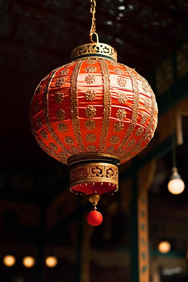 ai généré chinois lanternes suspendu, éclairant le nuit avec vibrant fête généré par ai photo